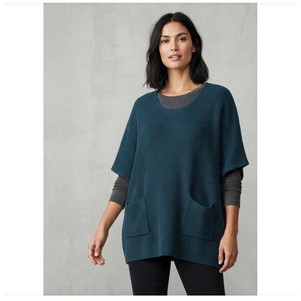 Cabi Dark Teal Ribbed Knit Poncho Sweater Oversized Pocket Pullover M/L 5923